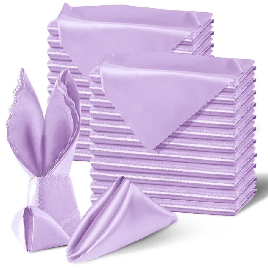 

100 Pack Light Purple Satin Napkins 17x17 Inches Scalloped Square Silky Elegant Dinner Decor for Wedding, Restaurant, Graduation