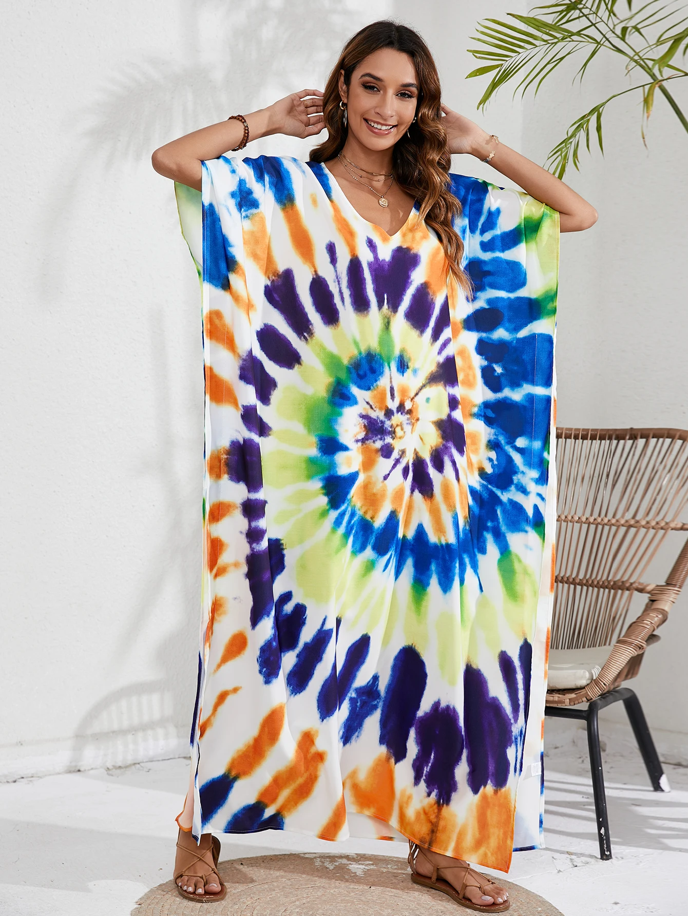 

Women s Boho Cover Up Plus Size Tie Dye Batwing Sleeve V Neck Maxi Kaftan Cover Up Dress