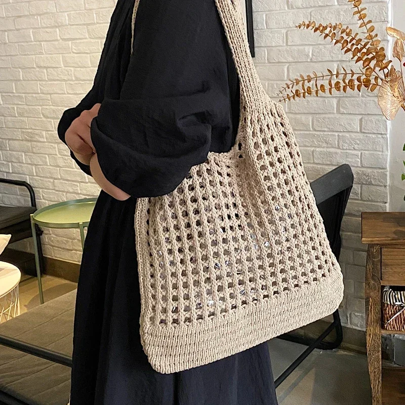 Knitted Hollow Shoulder Bag Underarm Bag Large Capacity Crochet Women's Shopping Totes Casual Beach Commuting Bag 2024