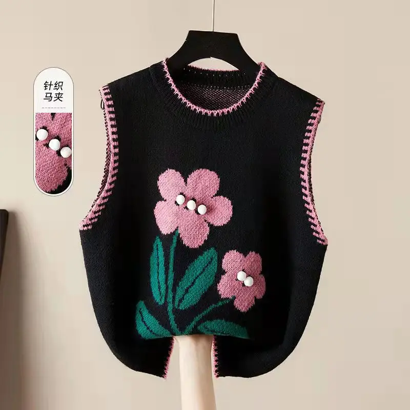 Flower Knitted Design Sense Horse Jacket 2023 Spring And Autumn New Women's Fashion Round Neck Pullover Sleeveless Top