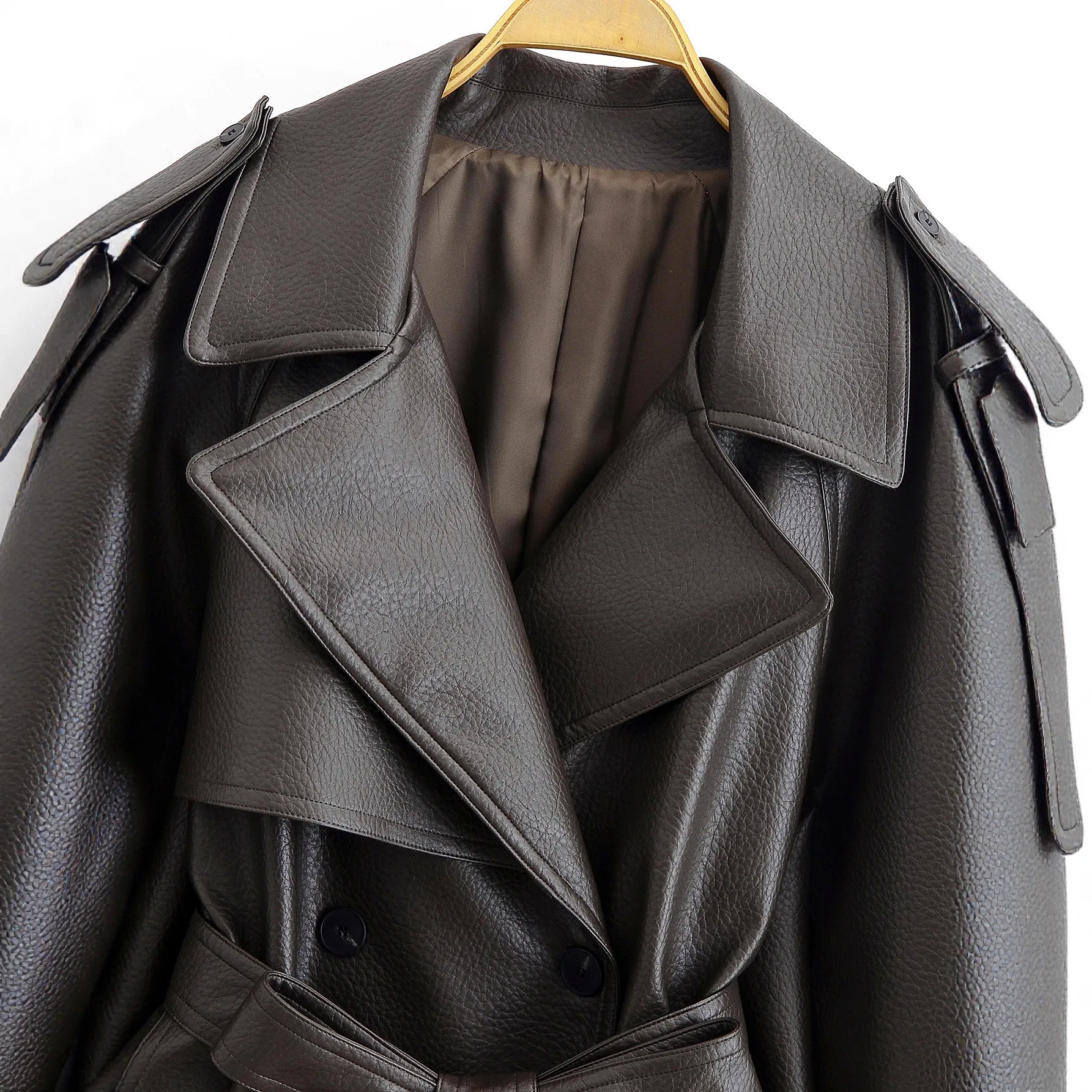 KIDCRKJ Frauen Frühling Elegante Pu Leder Lange Jacke Zweireiher V-ausschnitt Spitze Up Solide Jacken Dame 2026 Chic Weibliche Outwears