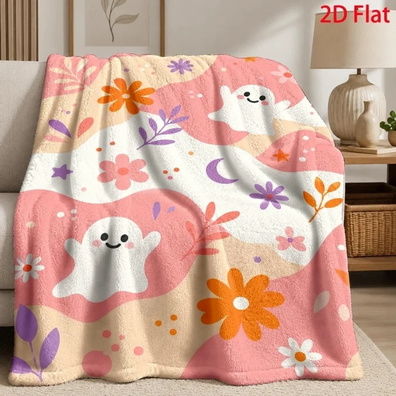 Pink Ghost Pumpkin Black Cat Print Throw Blanket, Cozy Halloween Themed Home Cover for Sofa Bedroom Indoor Decor