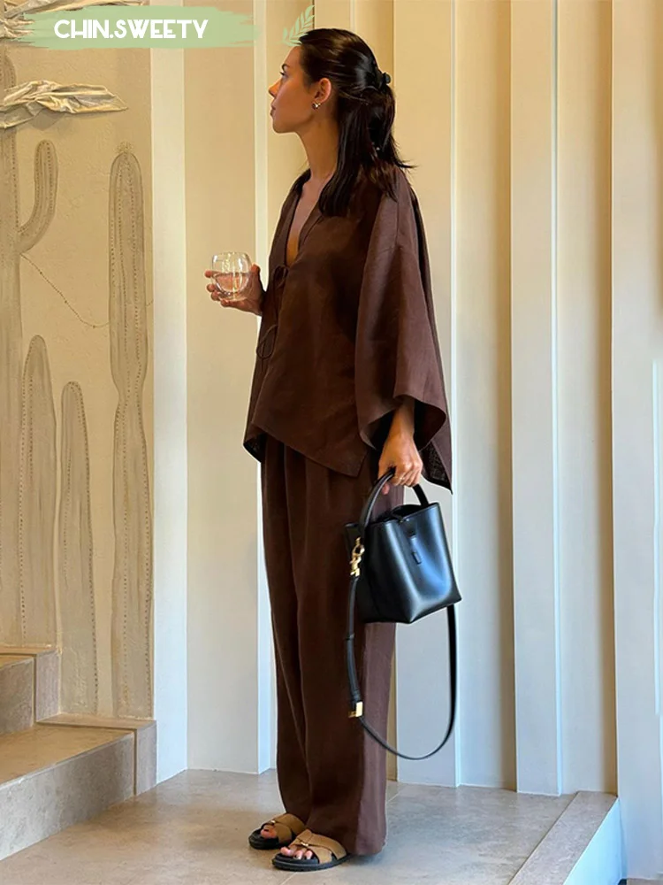 

Solid Casual Cotton Linen Two-piece Suit Women's Loose V-neck Long Sleeved Wide Leg Pants Set 2025 New Summer Holiday Streetwear