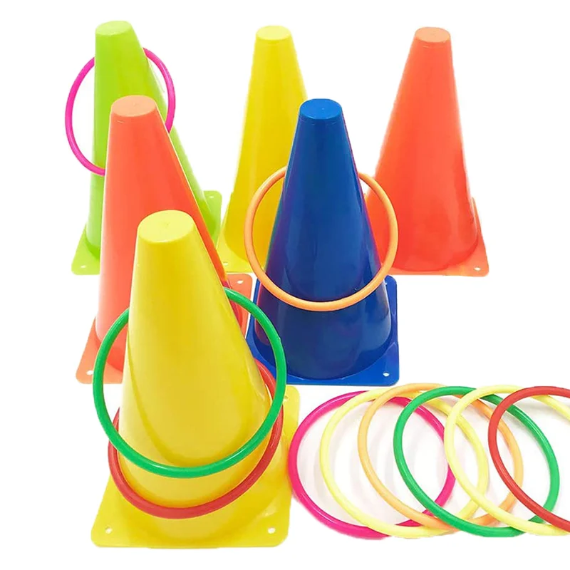 Lanzamiento de círculos de plástico, cubo de obstáculos de cono, fiesta, patio trasero, juego de lanzamiento de anillos para niños, juguete interactivo para padres e hijos al aire libre