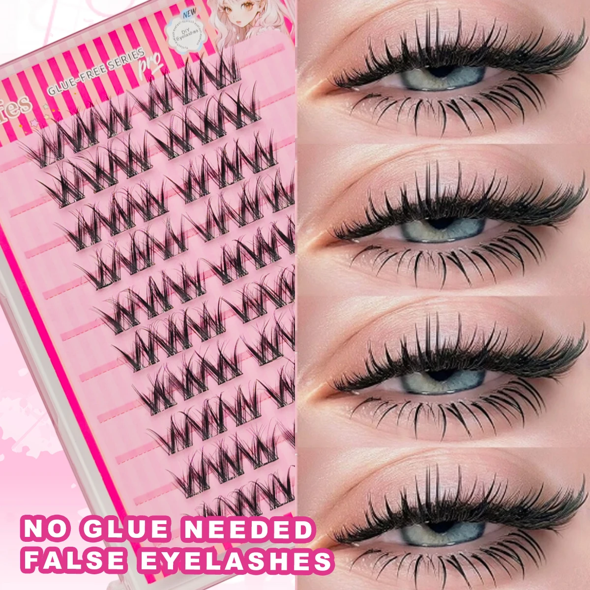 60pcs C Curl Cluster False Eyelashes Self-Adhesive 3-Second Press-On No Glue Needed Natural Look Lightweight Reusable for Daily