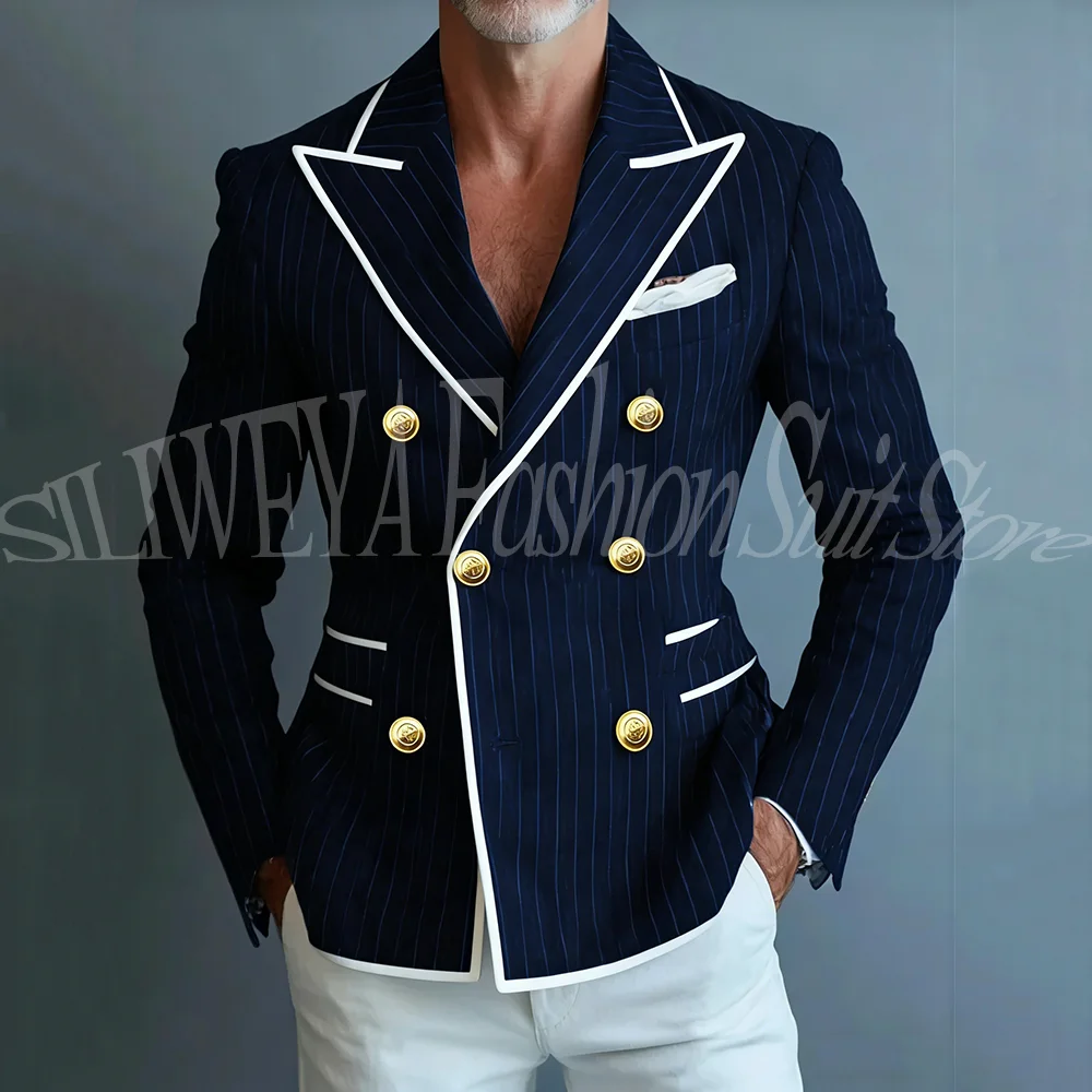 

2026 Navy Pinstripe Double Breasted Blazer For Men White Trim Gold Buttons Formal Business Wedding Suits Sets Jacket+Pants