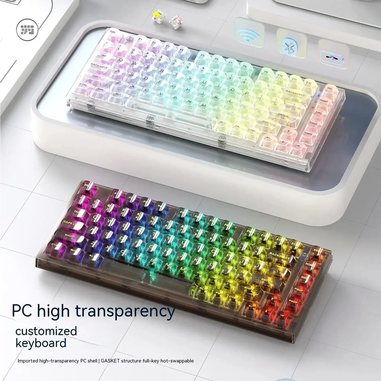 Imagem -05 - Teclado Transparente para pc Teclado sem Fio Bluetooth 2.4g Junta com Fio Luz de Fundo Rgb 82 Chaves Homem Presentes Xinmeng-x75