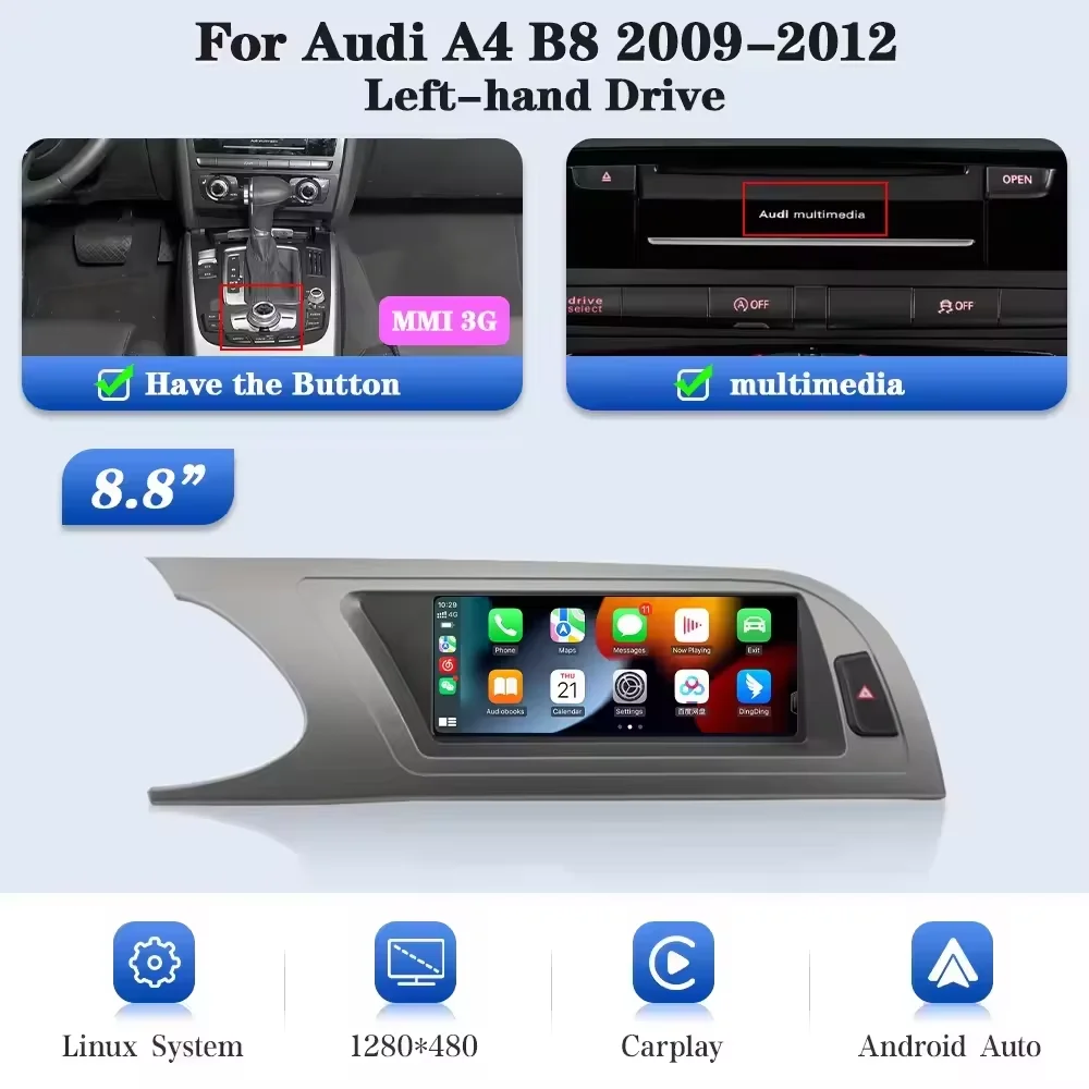 8,8 inch draadloze CarPlay Android Auto Linux systeem autoradio voor Audi A4 B8 2009 2010 2011 2012 touchscreen multimediasysteem - afbeelding 1