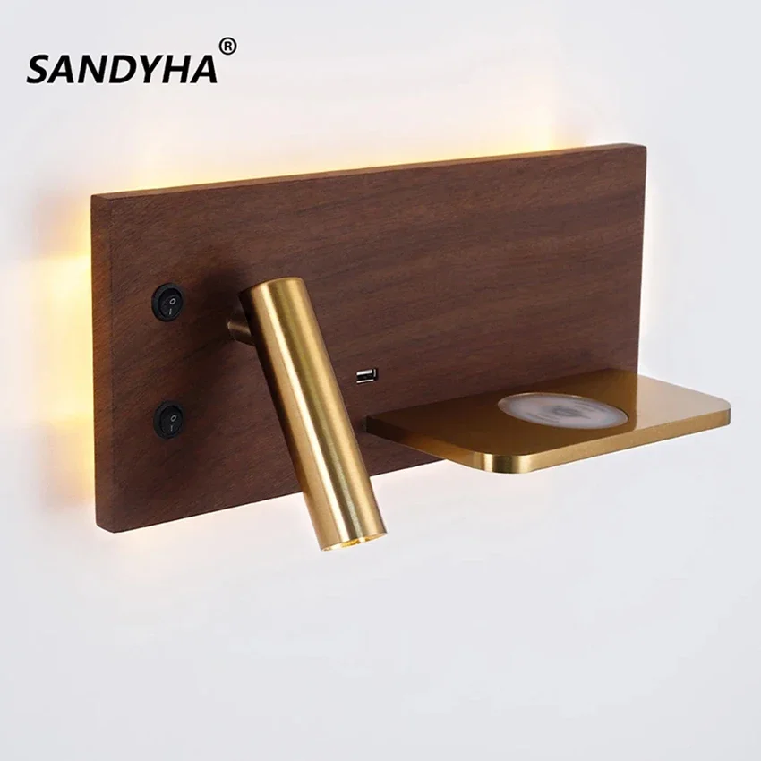 SANDYHA Multifunction Wall Lamp With Led Phone Wireless Charger Shelf Night Lighting Table Bed Reading Bedroom Hotel Bedside USB