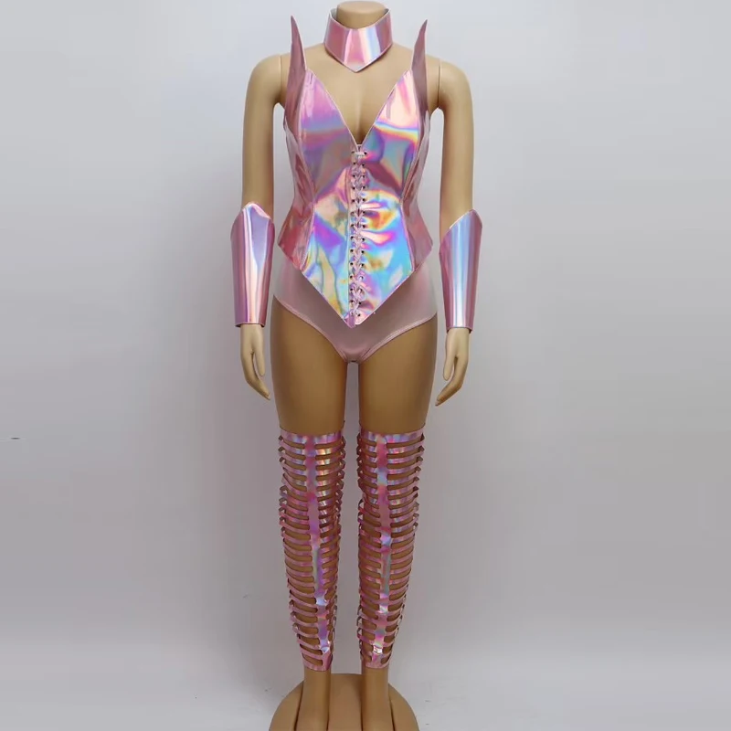 بار ملهى ليلي Dj Ds Gogo ملابس رقص النساء الوردي الليزر الساقين غطاء جوفاء مثير القطب الرقص الملابس الهذيان الزي المرحلة ارتداء XS8832