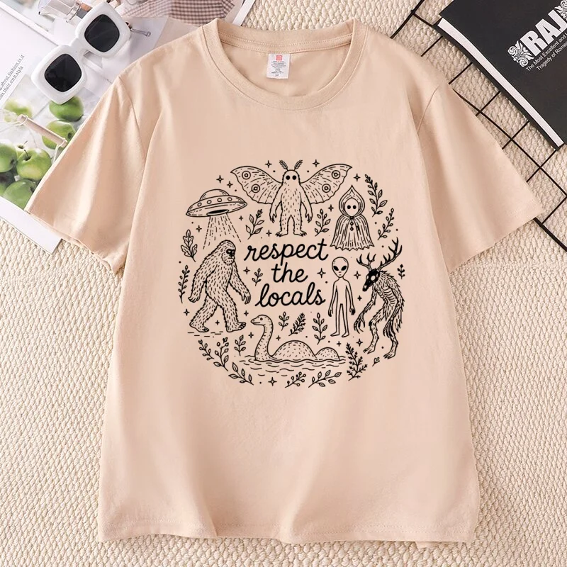 Respect The Locals Cryptid T-Shirt Comfort Bigfoot Mothman Alien Graphic Tee Cotton Short Sleeve Streetwear Crewneck Tops