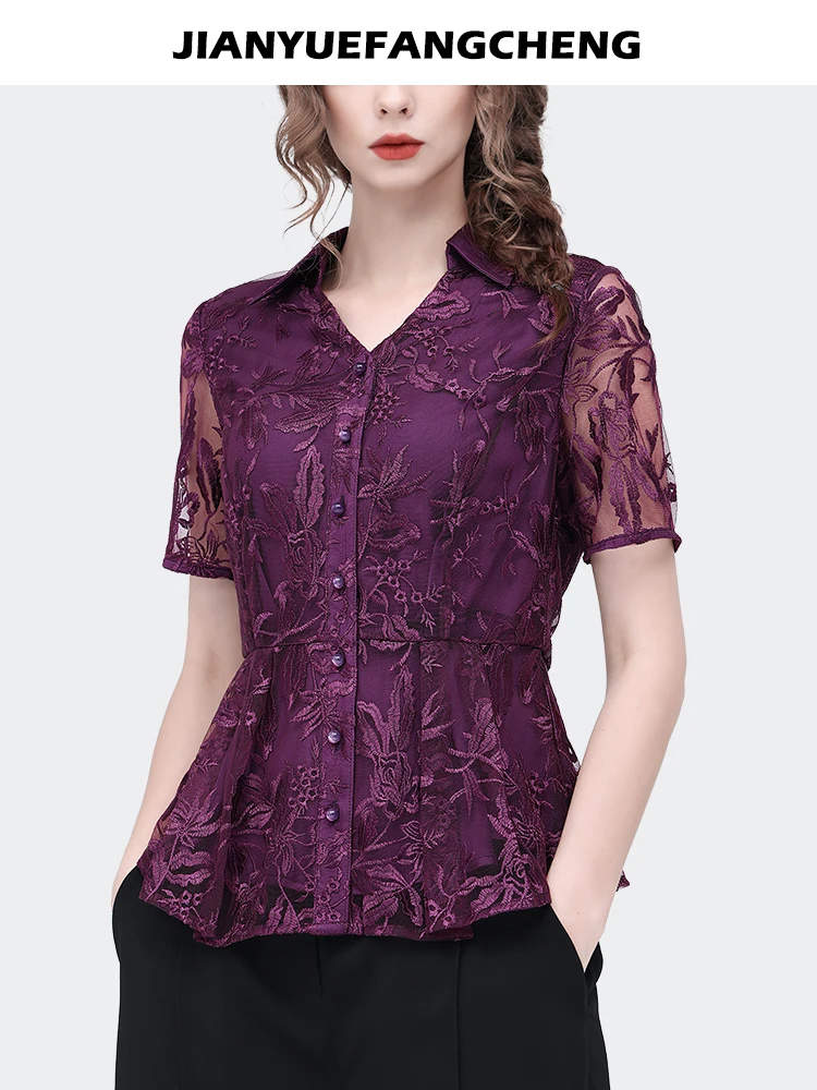 Vintage Embroidered Purple Floral Chiffon Blouse Mesh Tops Women Summer Short Sleeve Single-breasted Tunic Shirt Casual Fashion