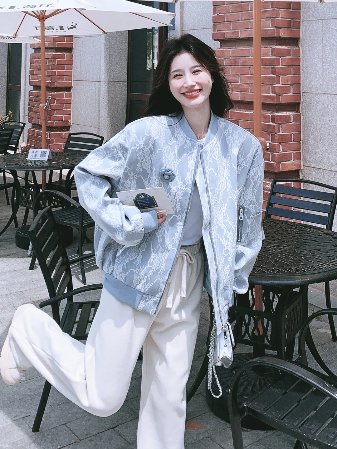 Blue Lace Splice Baseball Jaet Women's Casual Sle ort Coat Autumn New Arrival Small Size High-End Feeling Ladies Top