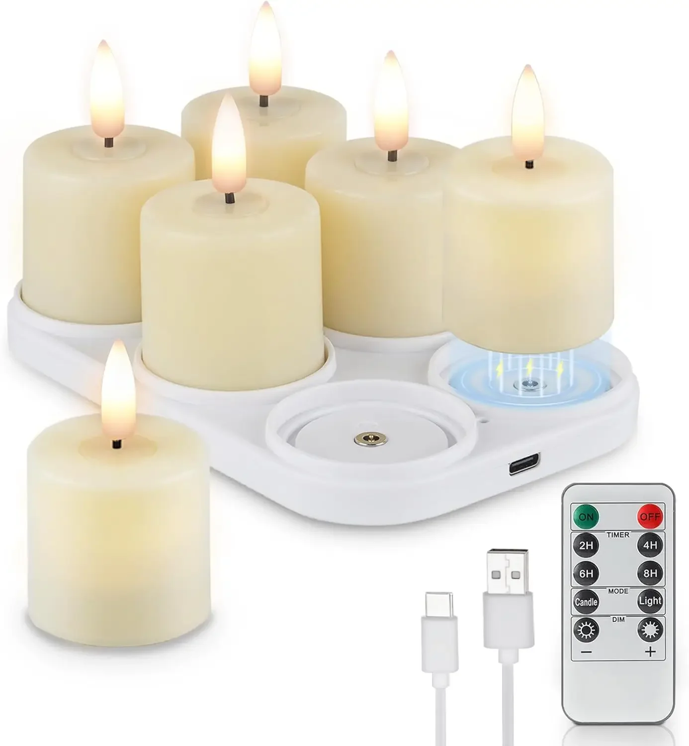 

6 Rechargeable Flameless Votive Candles With Timer – Magnetic Charging Base, Remote For Home Decor