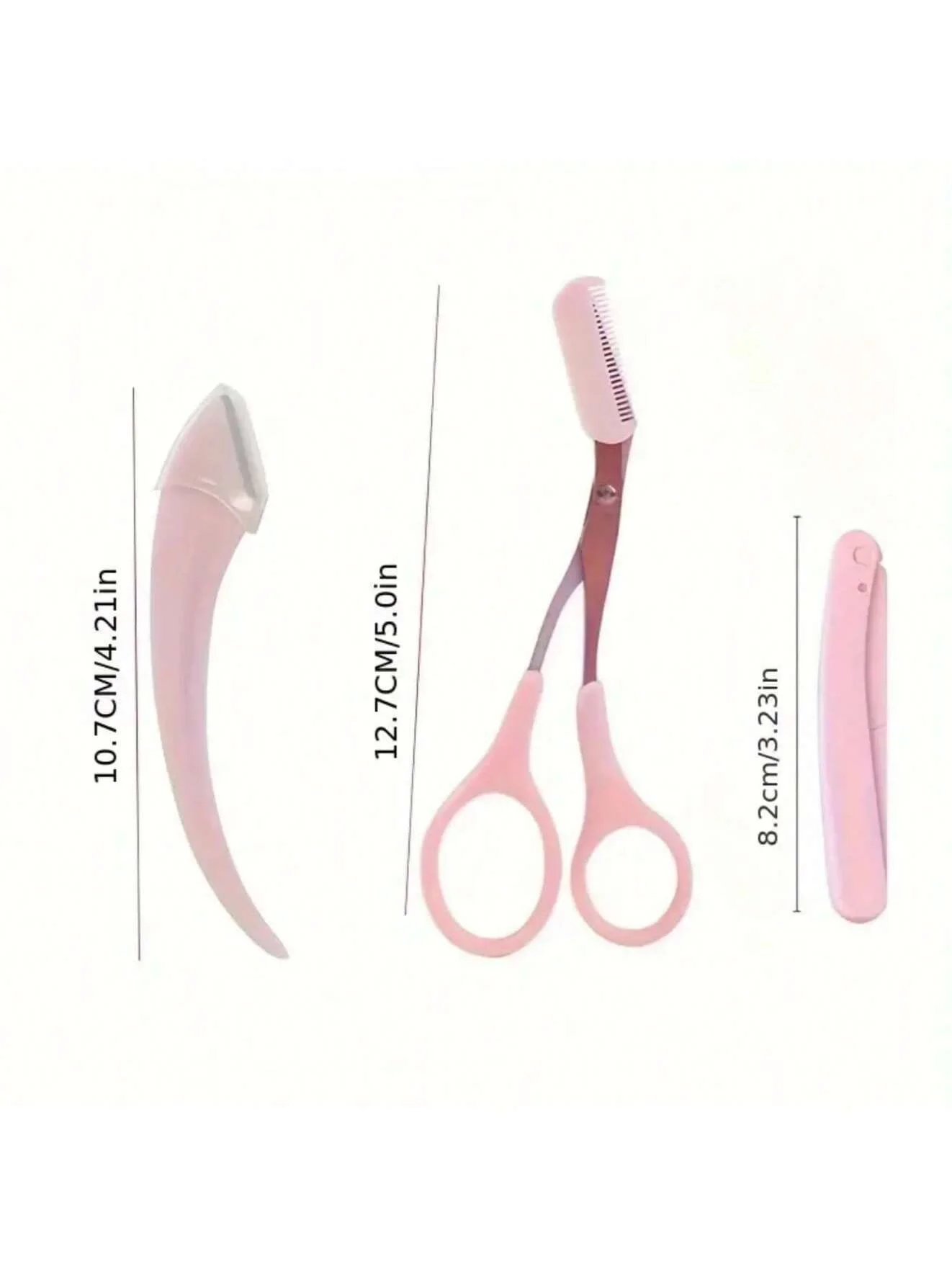 Conjunto de 3 Lâminas para Sobrancelhas e Removedor de Pelos Faciais, Lâminas de Aço Inoxidável Reutilizáveis, Cabo Rosa, com Tesoura para Mulheres