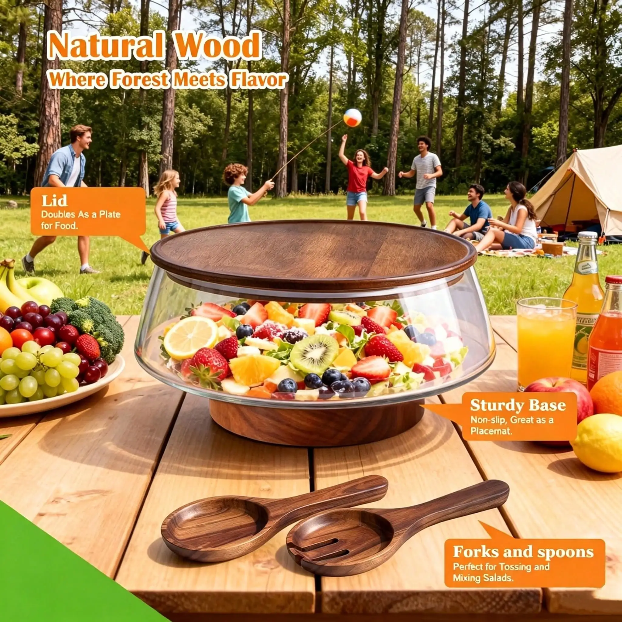 Extra-Large Glass Salad Bowl Set, Party Salad Bowls, With Acacia Wood Base And Cutlery, Kitchen Decoration Mixing Bowl, Fruit Salad Bowl, Covered Plate, Can Be Used As A Cheese Platter And Tray, A Gift For Family, The Perfect Choice For Parties.