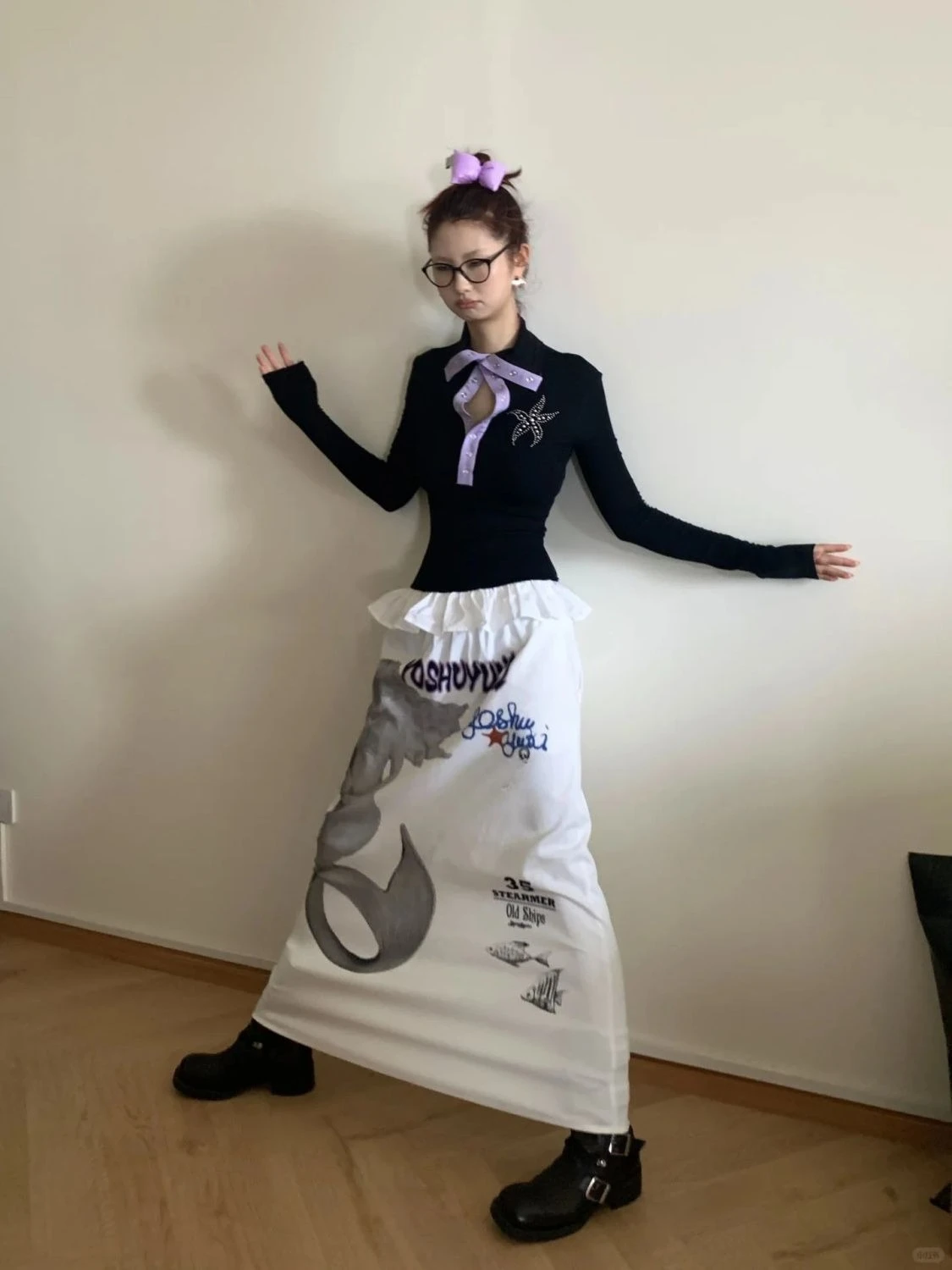 Graphic Print White Midi Long Skirt Elastic Waist summer harajuku fairycore 2000s y2k grunge goth aesthetic grunge korean cloth