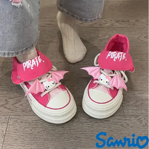 Hello Kitty Cute High Top Canvas Skateboard Sneakers With Bat Wings Clips for Women Trendy New Thick Sole Lace-up Board Shoes