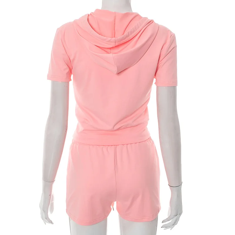 BKLD Sommerkleidung für Frauen 2025, sexy Sport, einfarbig, mit Kapuze, Reißverschluss, kurze Ärmel, Tops, enge Shorts mit Kordelzug, zweiteiliges Set