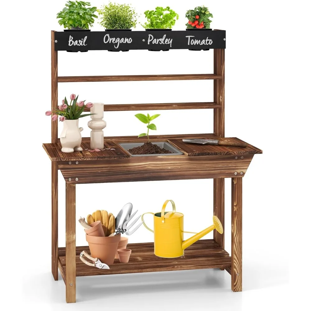 

Costzon Kids Potting Bench, Wood Toy Gardening Center with 4 Pots, Chalkboard, Removable Sink, Storage Shelves, Mud Kitchen for