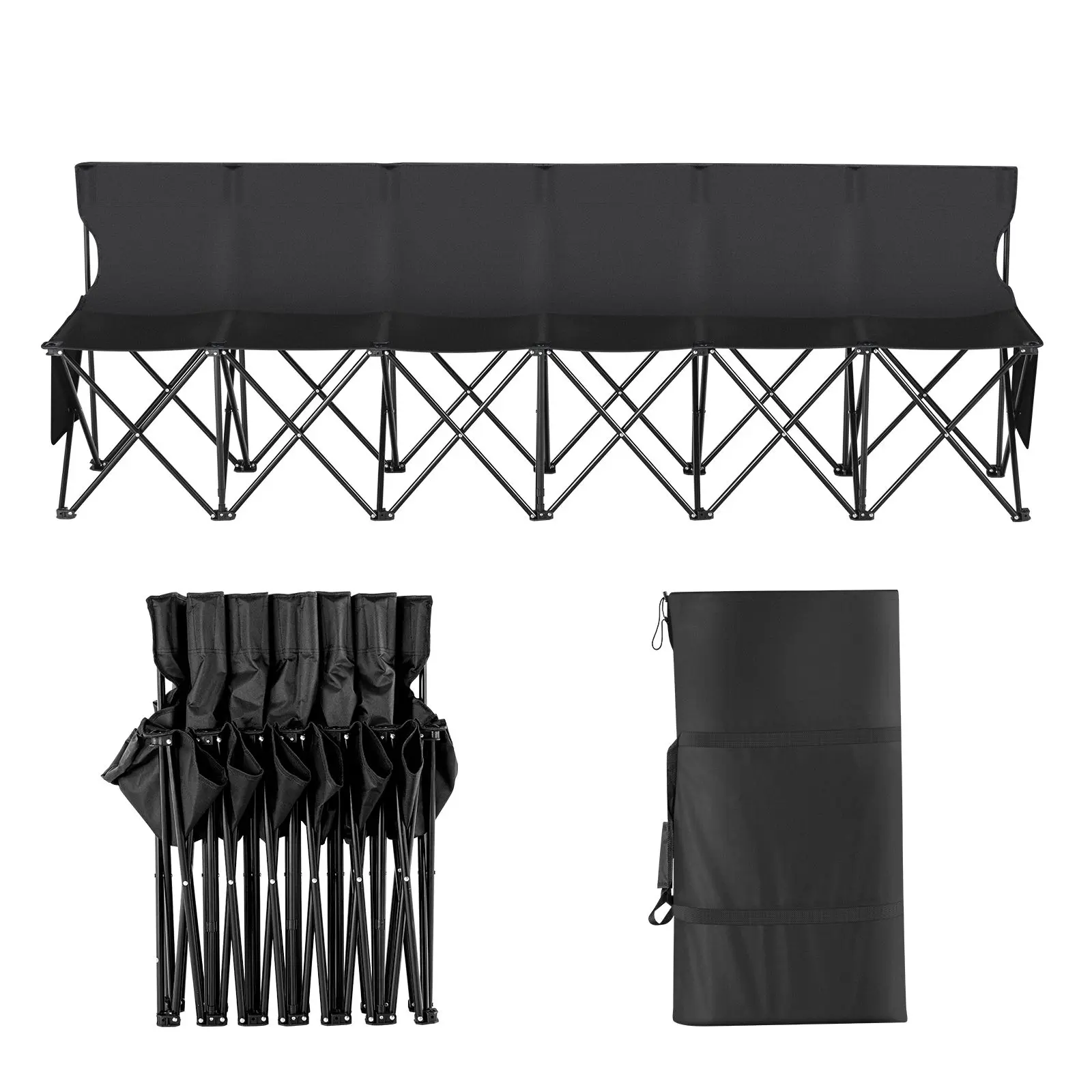 Portable Folding Bench, 6 Seat Foldable Soccer Bench with Side Pockets and Carrying Bag, Lightweight Sideline Seating with Back