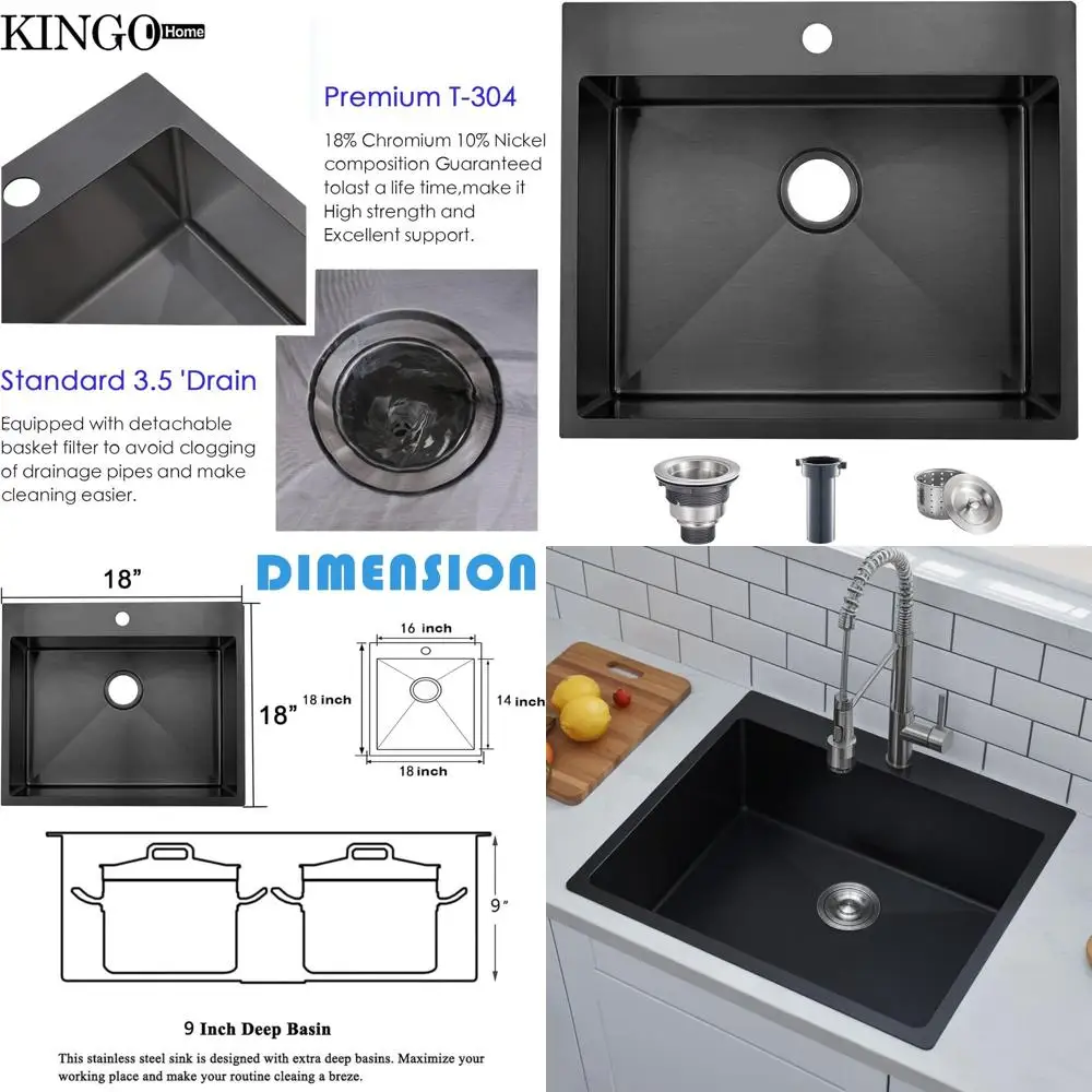 

18 x 18 Inch Topmount Gunmetal Black Stainless Steel Single Bowl Kitchen Sink for RV Outdoor Bars
