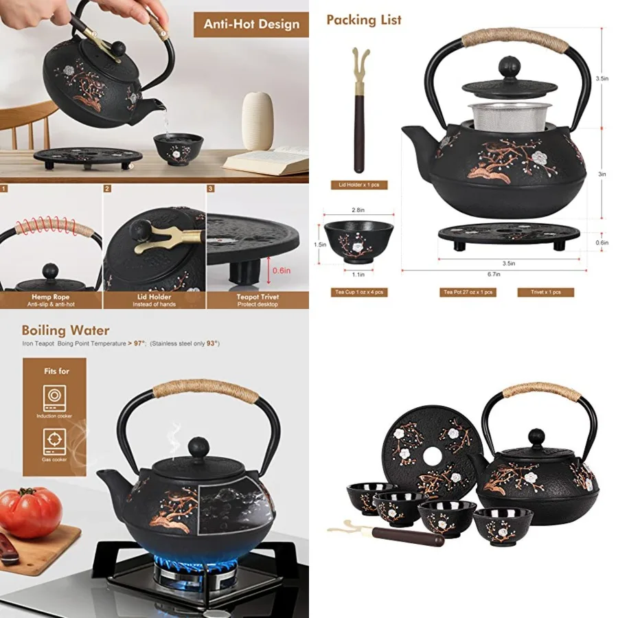 

Japanese Style Cast Iron Teapot with 4 Tea Cups Trivet Tetsubin Tea Kettle with Infuser Chinese Tea Set for Adults Iron Tea Pot