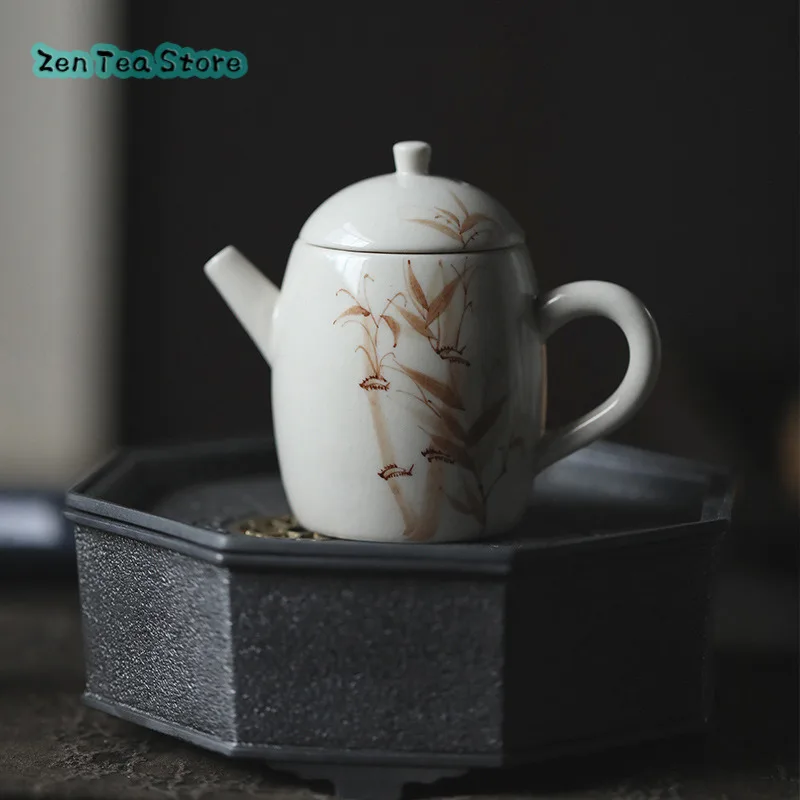 Bamboo Trace Dragon Egg Teapot Hand-painted Bamboo Single Pot White Pottery Kung Fu Tea Set Retro Tea Infuser Home Living Room