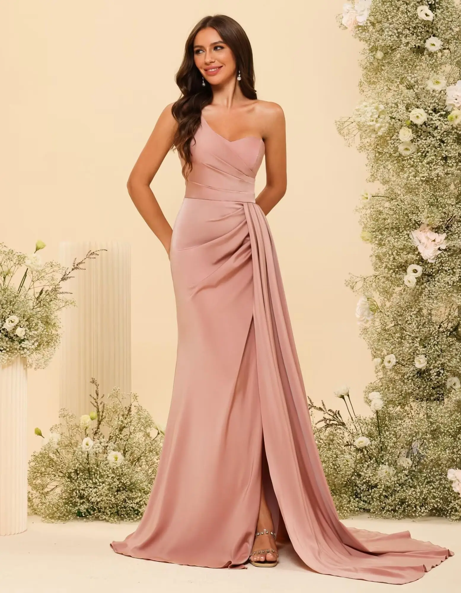 

Women's One Shoulder Back Lace-Up Mermaid Bridesmaid Dresses With Slit Long Ruched Satin Prom Dresses Simple Bridesmaid Dresses