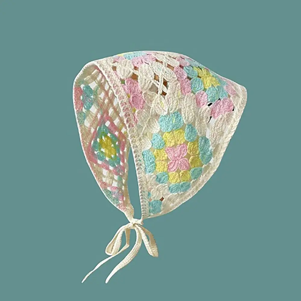 

Sweet French Pastoral Style Triangle Headband Handmade Crochet Little Flower Headscarf Hat Knitted Headband Towel Girls