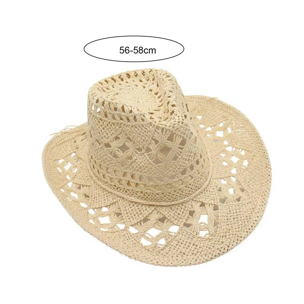 Women Cowboy Hat Unisex Hollow Out  Summer Hat Solid Color Curled Edge Strap Jazz Hat Decorative Vintage Braided Straw Hat