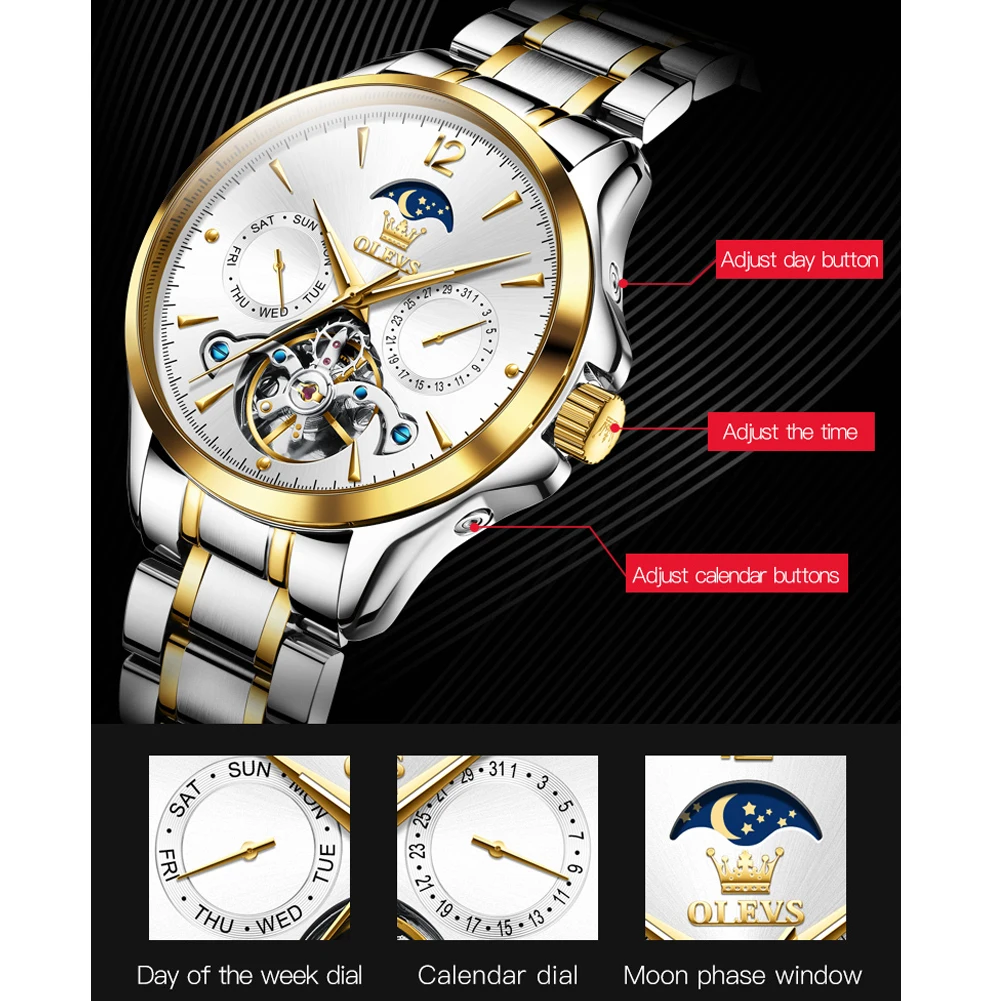 Imagem -02 - Olevs-relógio Impermeável Moon Phase para Homens Relógios de Pulso Mecânicos Automáticos Esqueleto de Luxo Relógios Tourbillon Moonsver Masculino