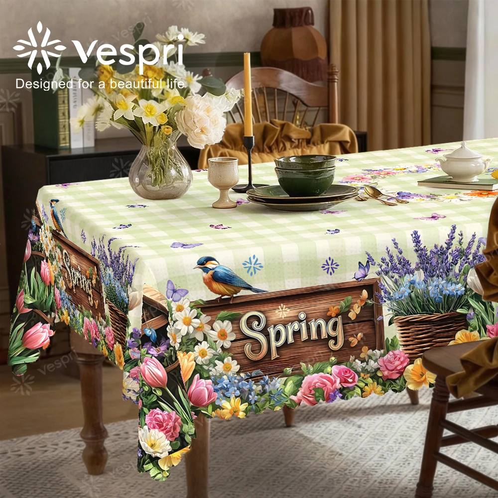 Vespri Frühlings-Blumen Oster-Tischdecke Grün-Weiß Gepunktet mit Vögeln Rund Rechteckig Oval Polyester Tischdecke für Partys
