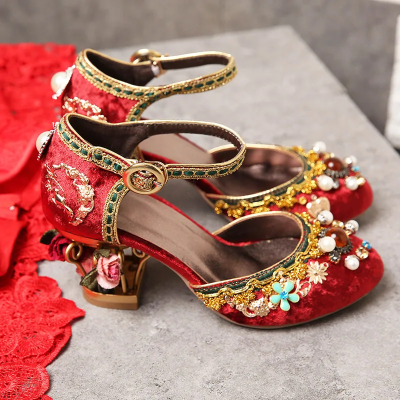 Light Blue Velvet Pearl Beadings Flower Metal Cage Heel Sandals Women Rose Flower Fretwork Chunky Heels Wedding Shoes