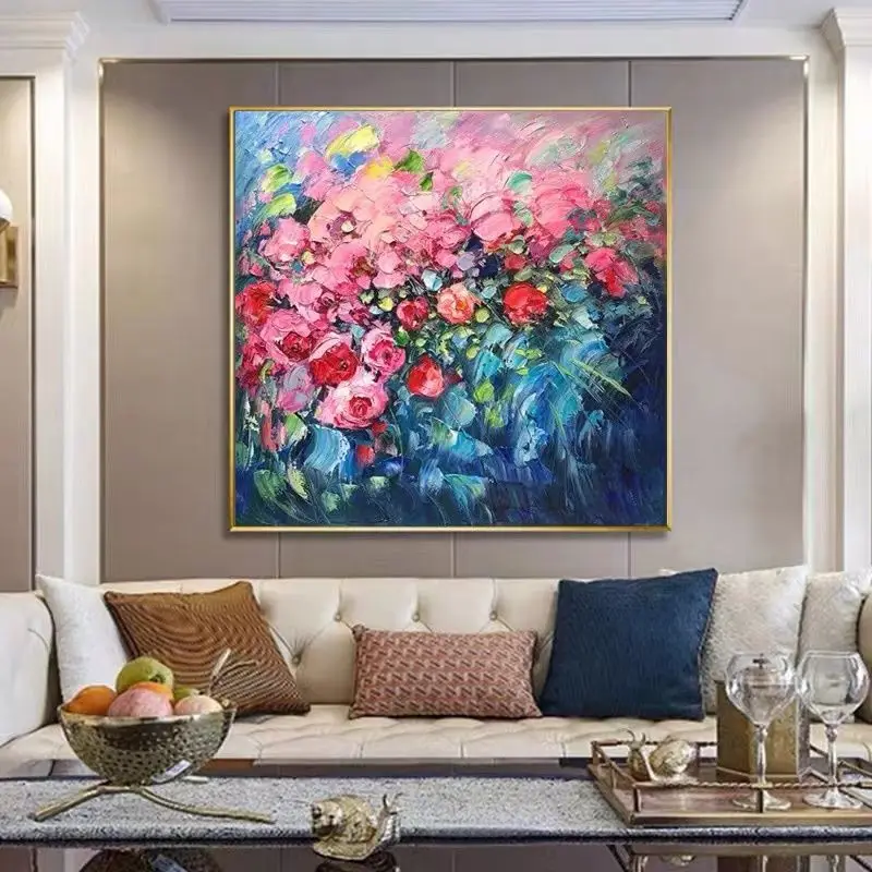 

Handmade cross stitch finished oil painting with rose full embroidery, new modern and minimalist living room, bedroom hanging