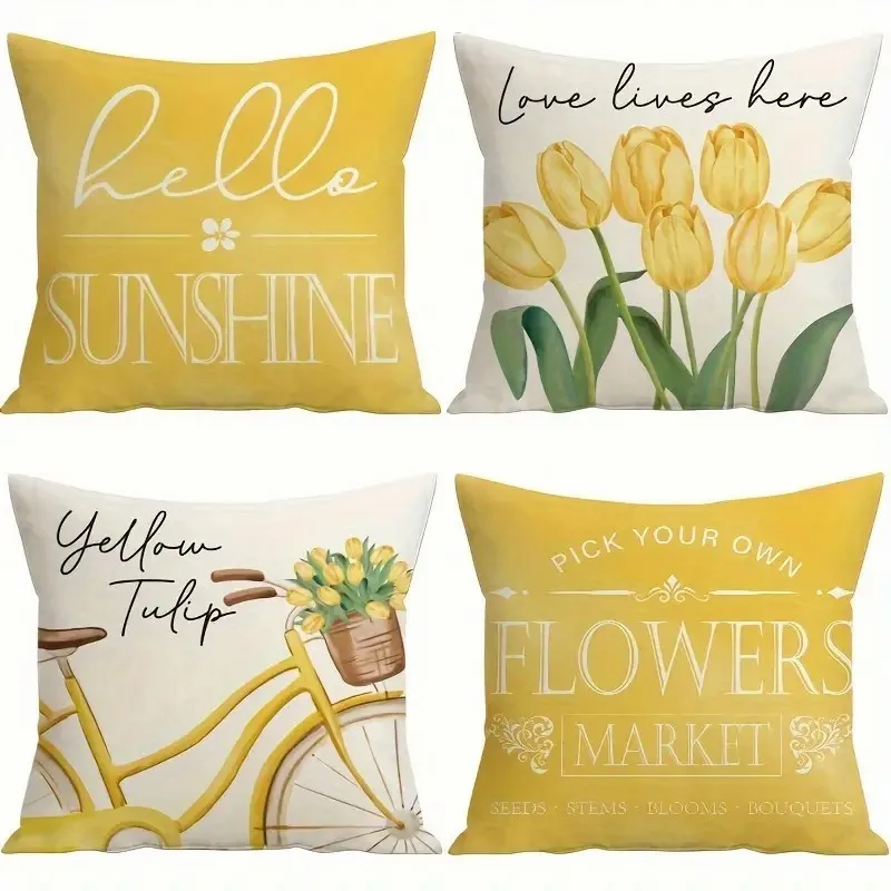 Vibrant Hello Sunshine Tulip Spring Pillow Covers 45*45cm Yellow Bike Flowers Decorative Throw Pillow Case For Sofa Couch Decor