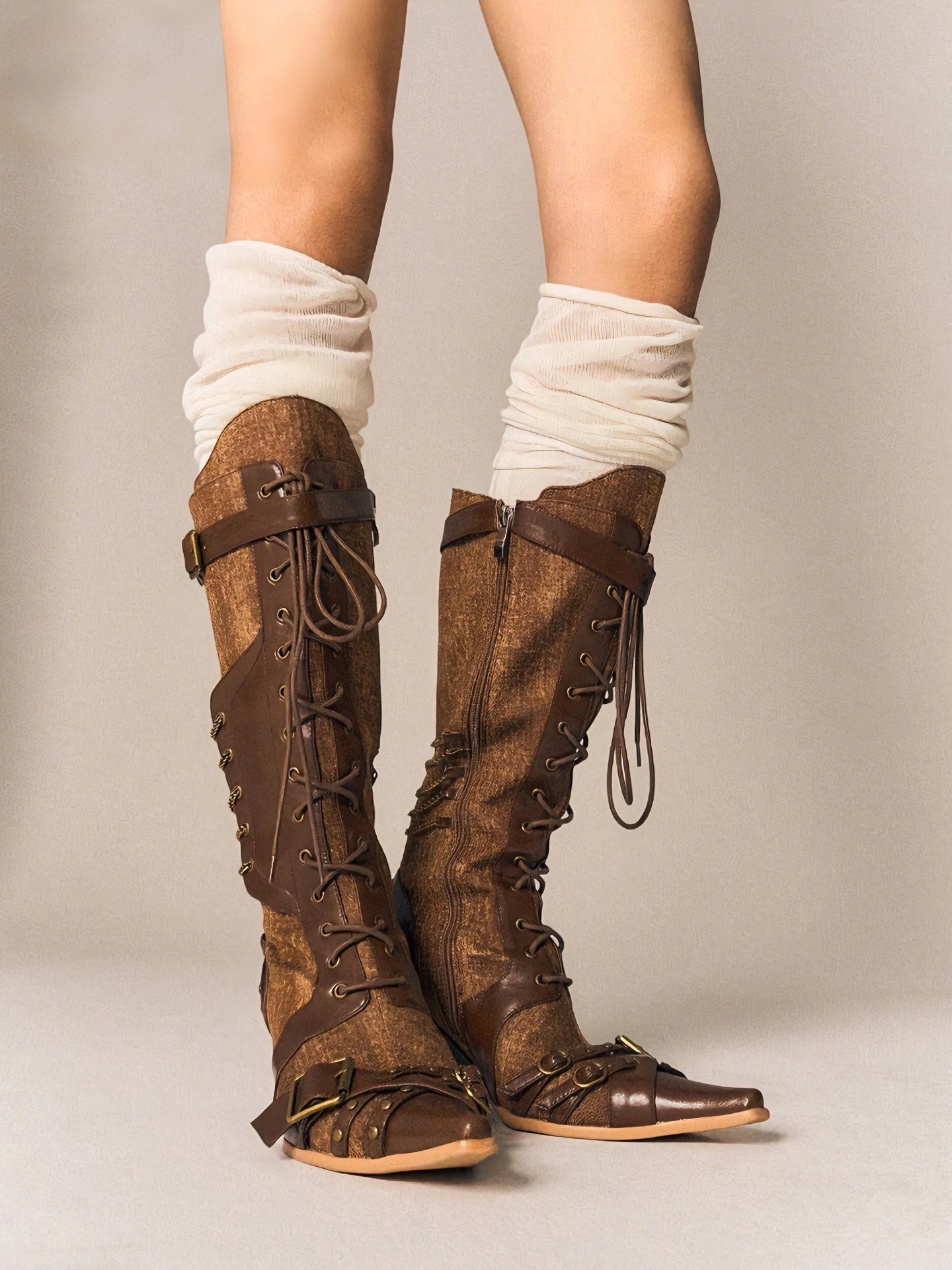 

2026 New Retro Punk Pointed Toe Brown Strap Long Boots Women's Slope Heel Side Zipper Genuine Leather Western Cowboy Boots Tr...