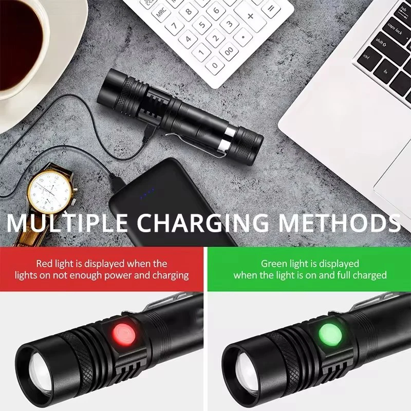 Ultra Bright LED Flashlight With XP-L V6 LED lamp beads Waterproof Torch Zoomable 4 lighting modes Multi-function USB charging