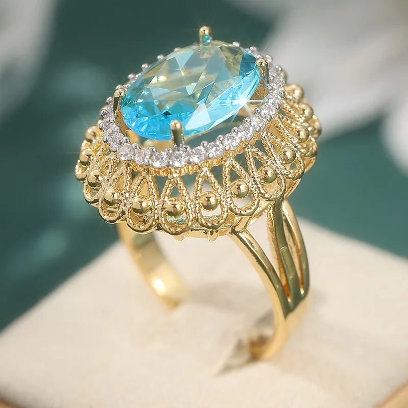 Exquisiter, eingelegter, weiß-seeblauer CZ-Damenring in Silberfarbe, handgeschnitzt, hohl, für den täglichen Gebrauch, Partyschmuck, Jubiläumsgeschenk – Detail 4