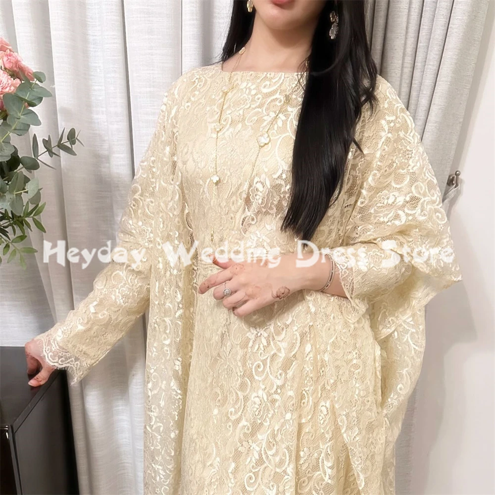 Elegant Champagne Abaya Style Lace Evening Dress Long Sleeve Floral Lace Maxi Dress Matching Lace Cape Formal Prom Party Dress