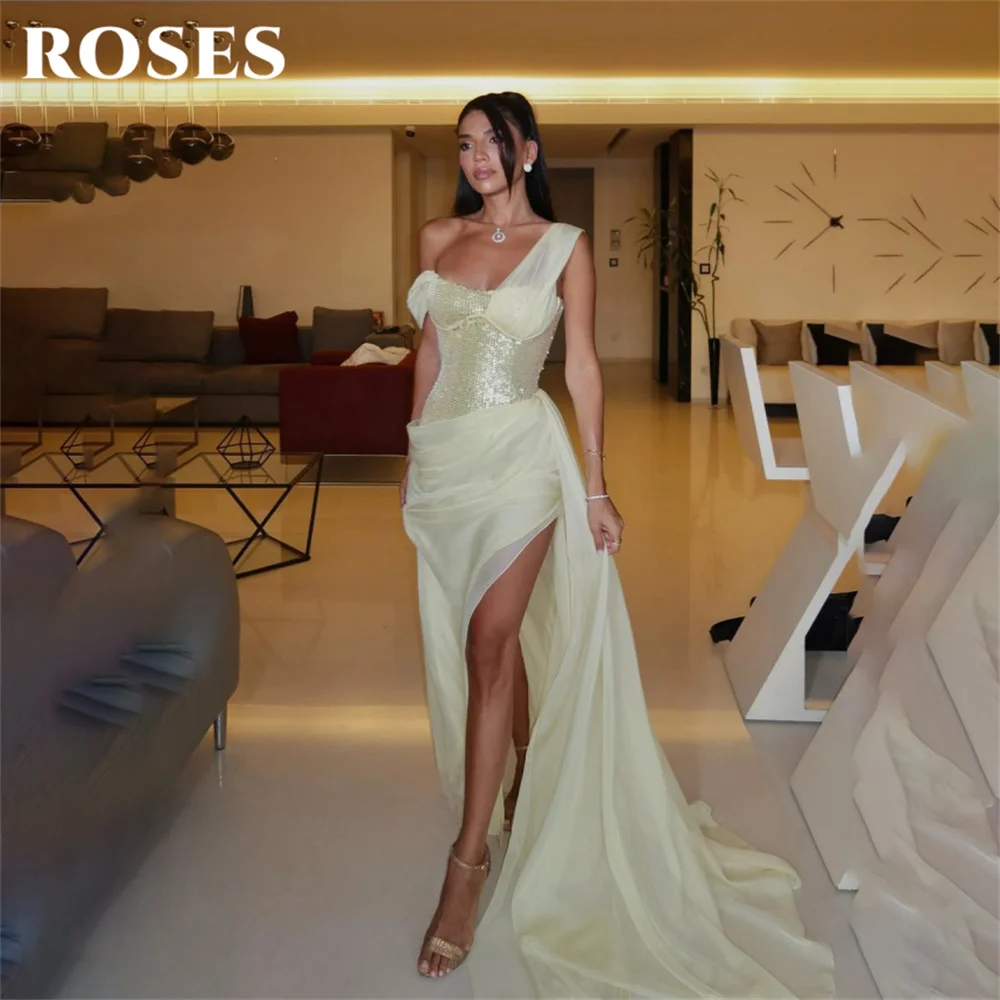 

ROSES Butter Yellow Prom Dresses Off the Shoulder Mermaid Gala Dress with Side Split Saudi Arabic Evening Party Gown Customized