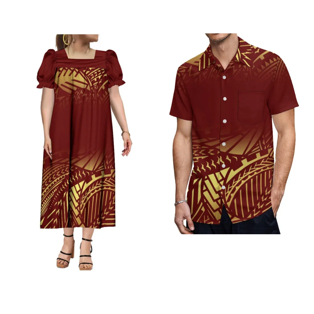 Conjuntos de pareja polinesiana para mujer, vestido Mumu personalizado, camisa de manga corta, ropa de verano, Microsia