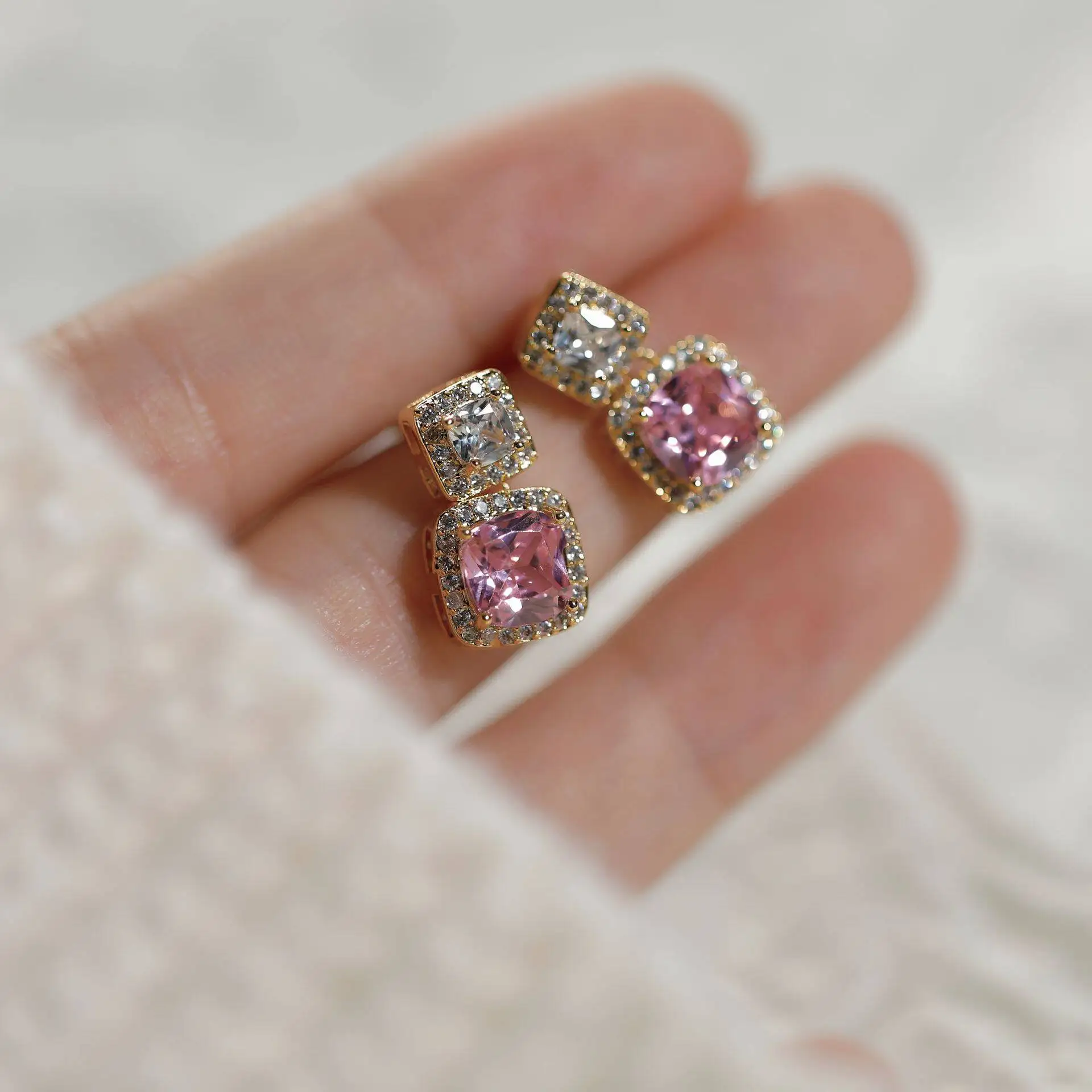 vintage delicate square olive green zircon stud earrings summer fresh girl geometry sugar cube jewelry