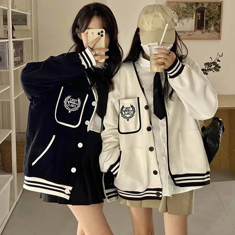 Student Girl Coat Baseball Jacket Boyfriend Spring Korean Loose Cotton Oversized American Versatile White Long Sleeved Cardigan