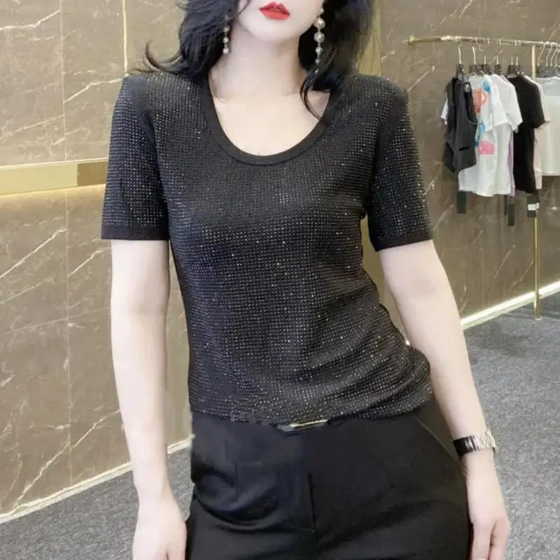 T-shirt à manches courtes pour femmes, col rond, diamant brillant, version coréenne, haut slim, printemps
