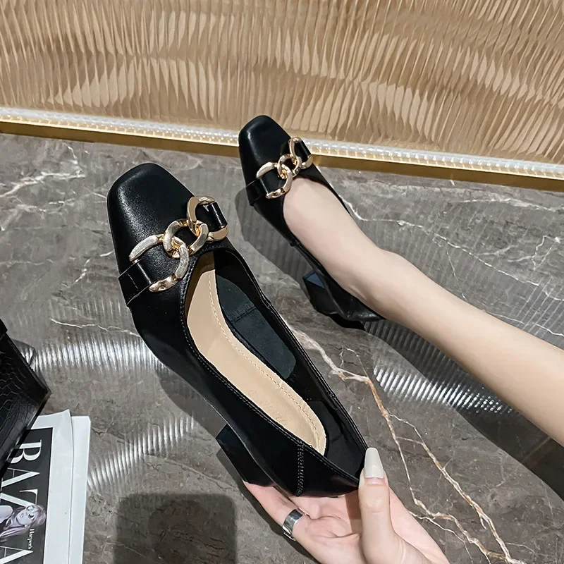 2024 Fashion Women Pumps Metal Decoration Square Toe 4.5CM Square Heel Spring New Mid Heel Shallow Mouth Square Head Women Shoes image 4