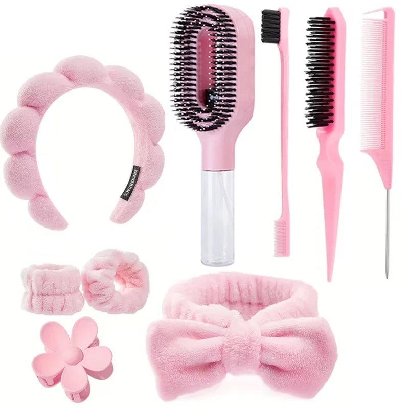 9Pcs Spray Comb Hair Styling Kit, 3 Smooth Combs, 5 Hair Bands with Wristband, Flower Claw Clip, Women Girls Hair Accessories