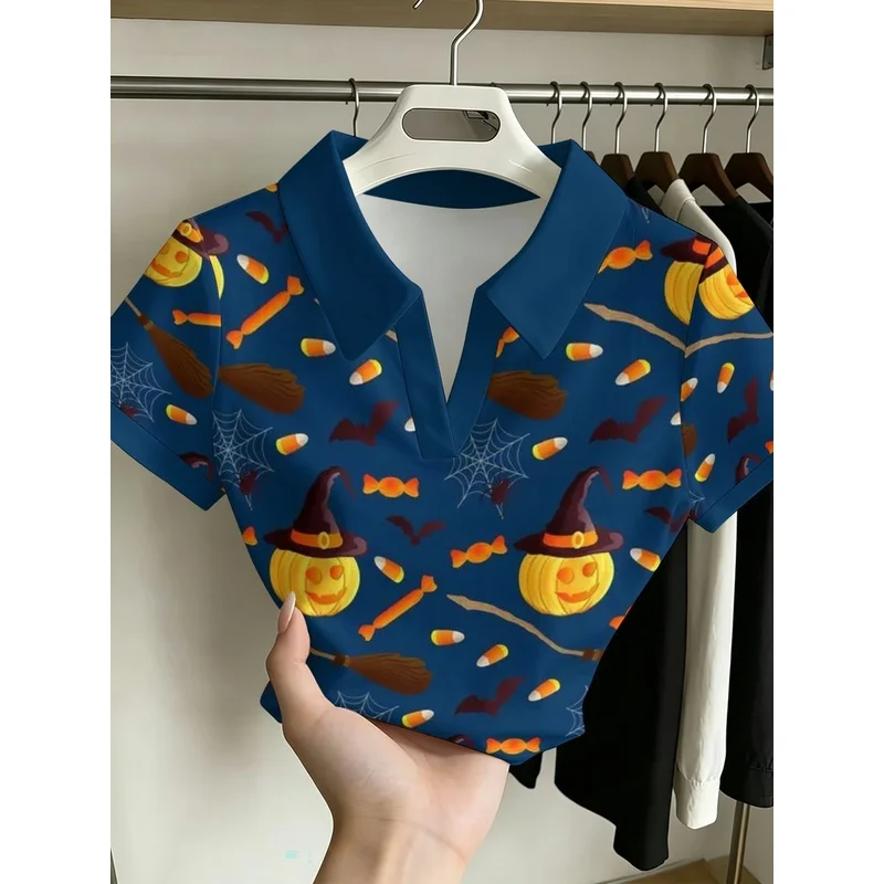 Camiseta polo de manga corta con cuello en V para mujer, camiseta informal con estampado de calabaza, bruja, caramelo y murciélago para Halloween
