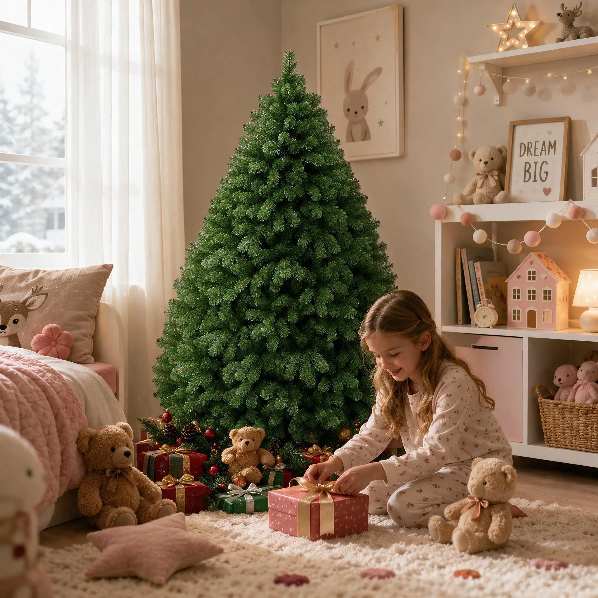 Christmas Tree, 4.5-7FT Artificial Spruce Tree Without LED Lights, Durable Hinged Design, Foldable Metal Base, Full Branches, Quick Setup, Festive Décor for Home, Patio, Office, and Events