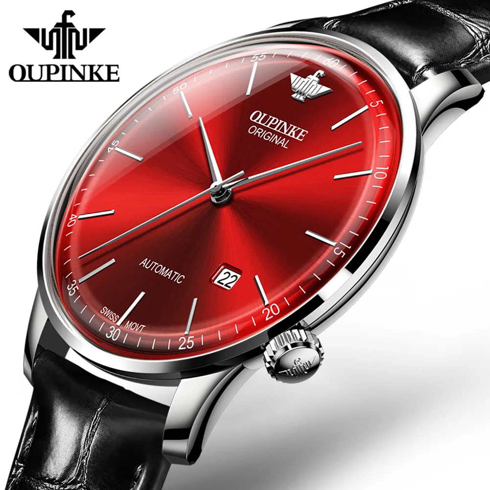 

Oupinke Men's Business Automatic Mechanical Wristwatch Fashion Red Staninless Steel Dial Leather Strap For Dad Gift Reloj De Mod